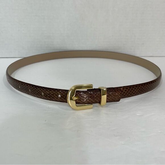 VTG Skinny Genuine Snake Skin Brown Belt Gold Buckle Chic Dressy Textured Size L - Picture 5 of 11